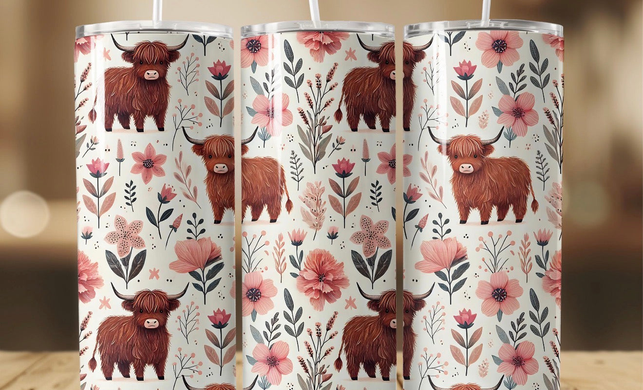 Floral Highland Cow Tumbler